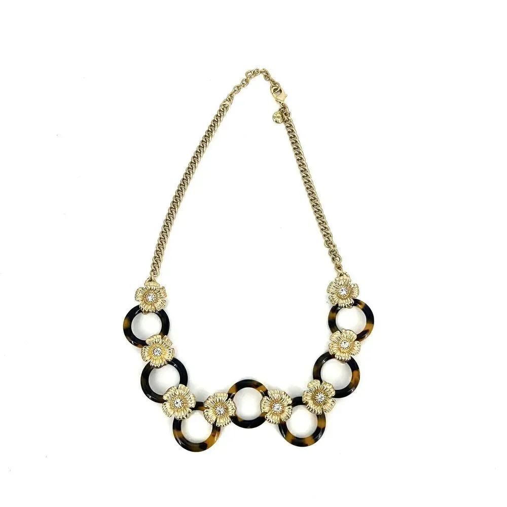 J Crew Necklace Tortoise Shell Statement Gold Flowers Rhinestone Link Chain